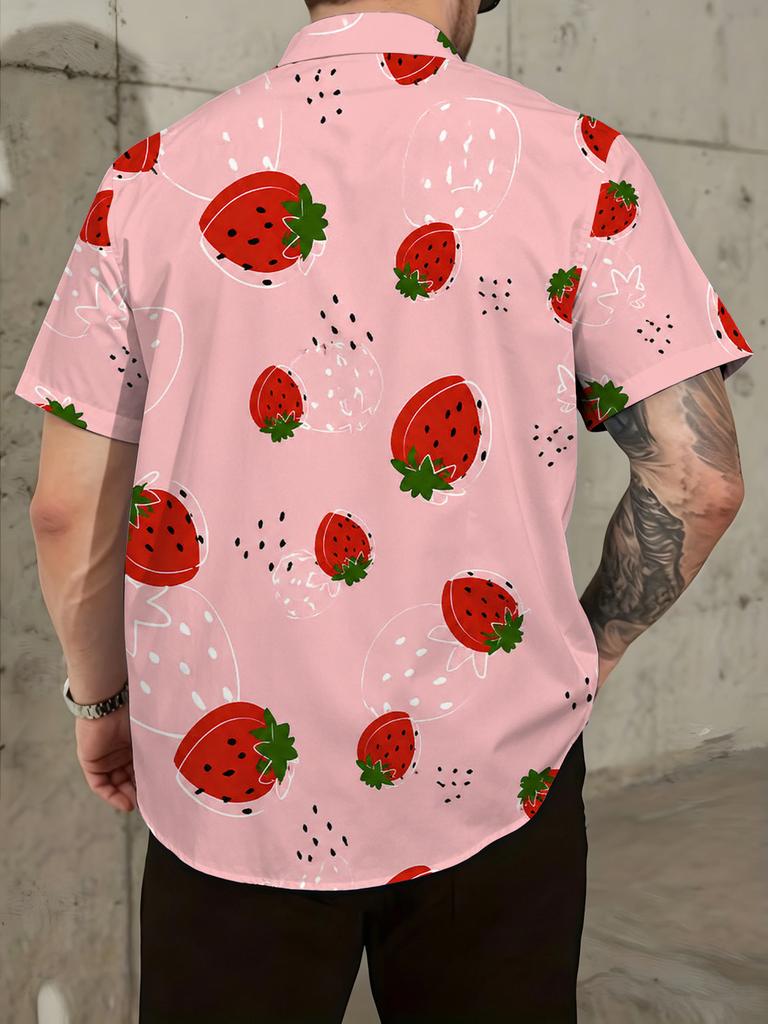Plus-size Men's Multi-Button Short-Sleeve Shirt with Strawberry Print, Casual Stand-Collar Short-Sleeve Shirt with Enlarged Strawberry Elements,