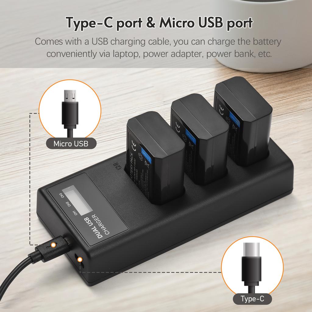 NP-FW50 Зарядное устройство Зарядное устройство на 3 гнезда со светодиодными индикаторами Micro USB и порт Type C + 3 шт. NP-FW50