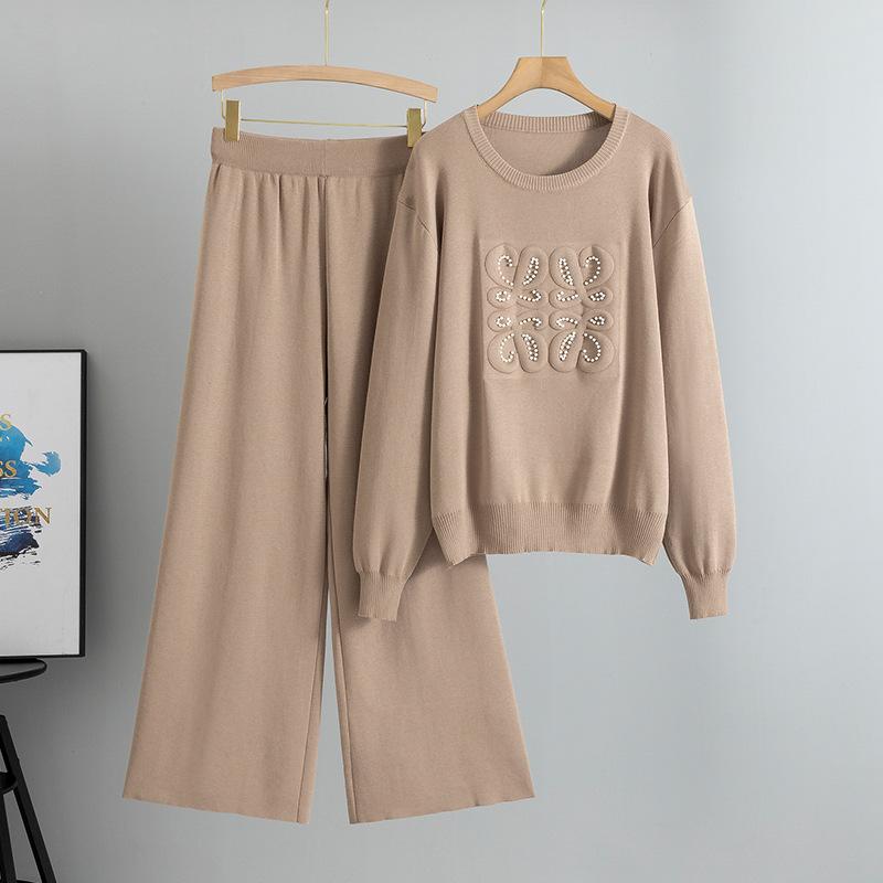 Плюс Размер Женский Новый Осенний Вязаный Свитер Широкие Брюки Мода Простой Темперамент Двухсекционный Костюм