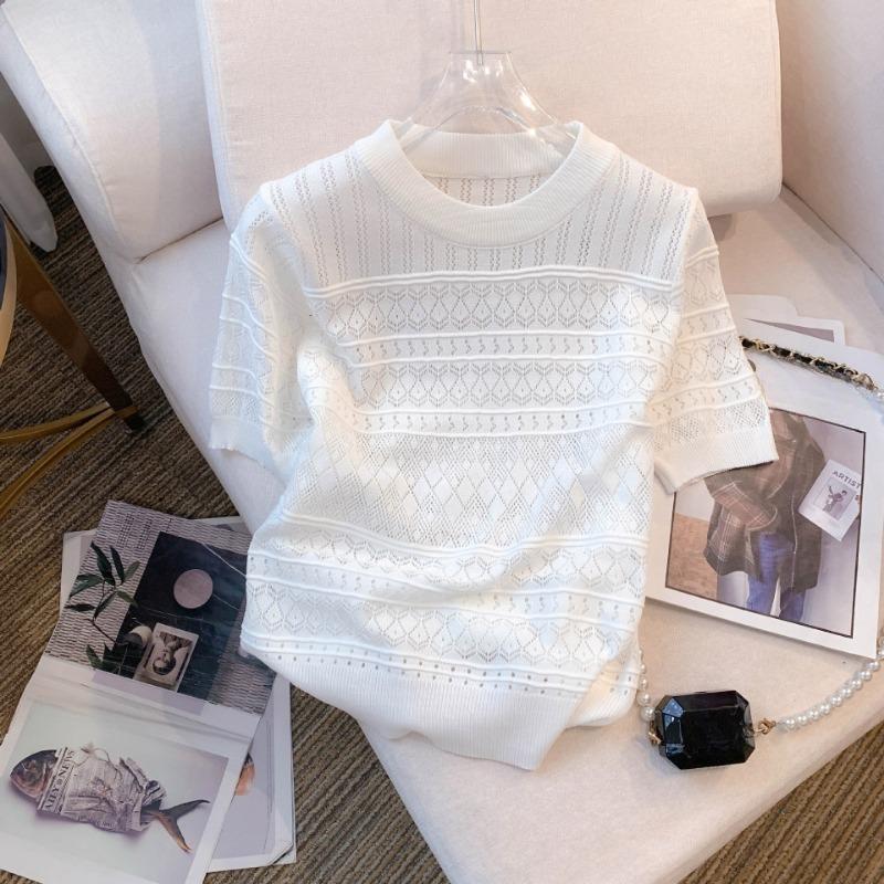 Летние повседневные трикотажные футболки с коротким рукавом, женские, темпераментные, шикарные, с круглым вырезом, свободные, женские футболки, топы, элегантные, облегающие, однотонные, женская футболка 26517