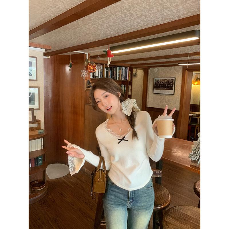 Женская рубашка из абрикосового кружева с V-образным вырезом и длинными рукавами из матового бархата с футболкой, новый стиль, осенне-зимний топ со складками на талии