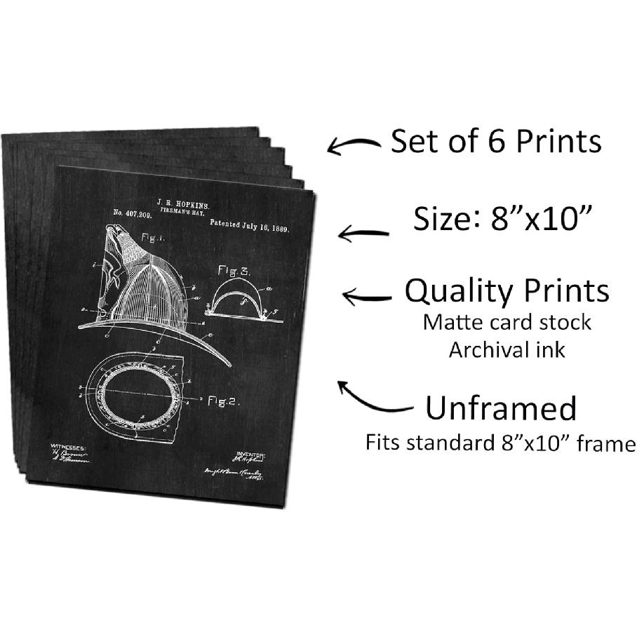 ArtCantHurtU Firefighter Gifts For Men - Set of 6 Vintage (8x10) Wall Art Fireman Room Decor Patent Prints - Fire Fighter Department Gifts Ideas