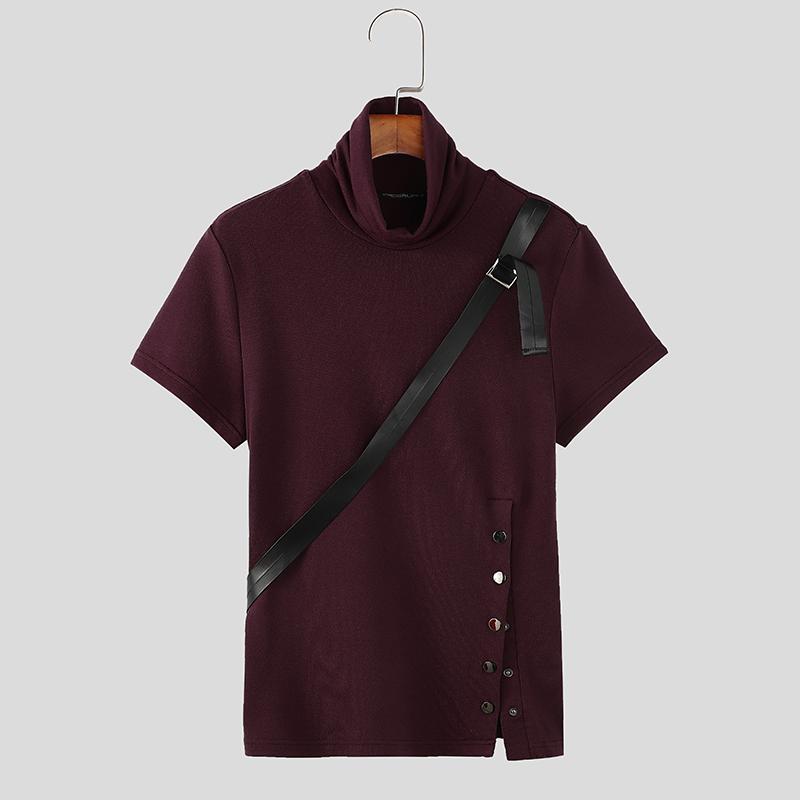 INCERUN Мужская водолазка с коротким рукавом и поясом из искусственной кожи в стиле пэчворк, повседневные облегающие футболки, топы