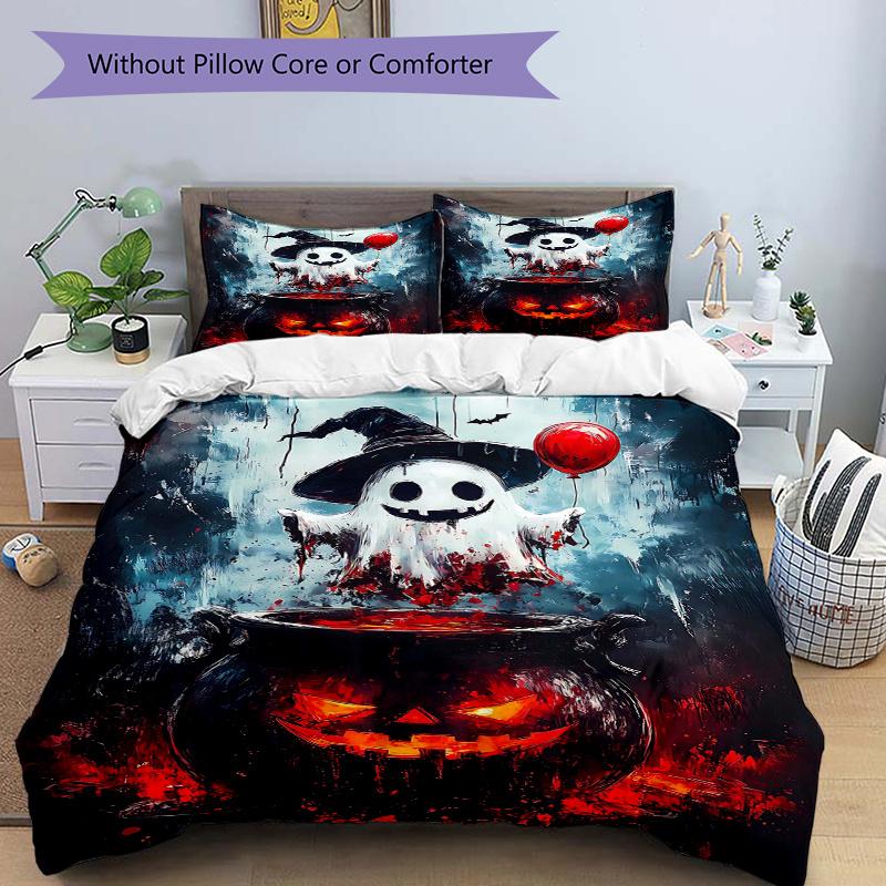 3pcs Halloween Ghost Printed Duvet Cover Set (1 * Cover+2 * Pillowcase, Without Core), Suitable for Home Bedroom, Guest Room, Dormitory Decoratio