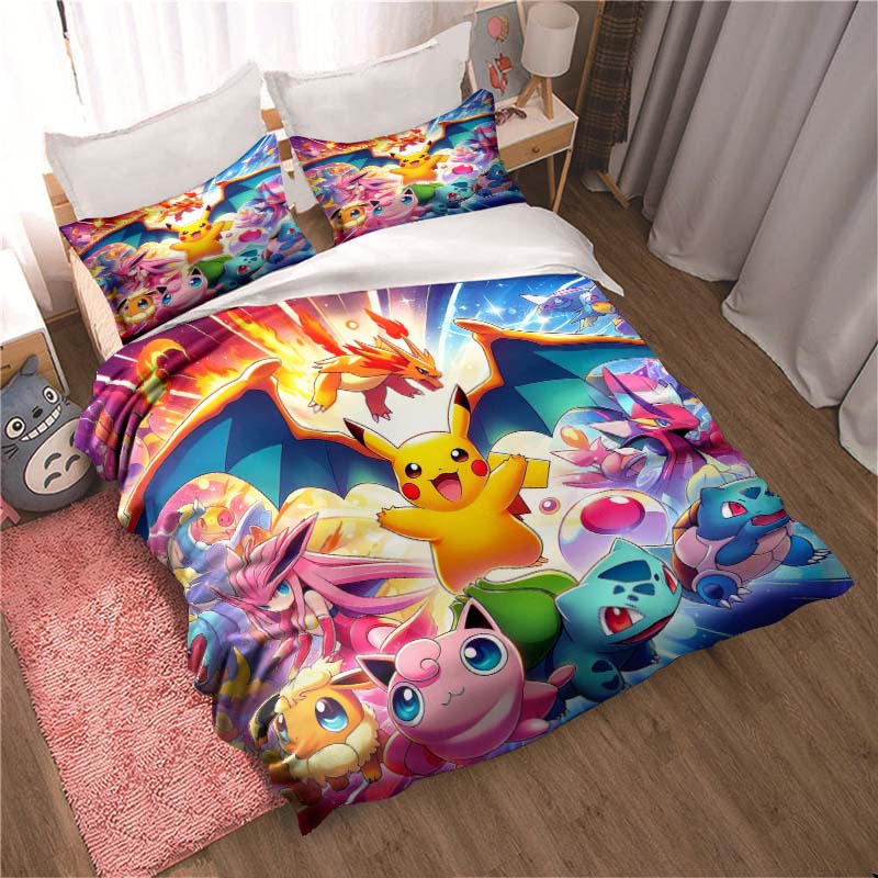 (Pokémon) Themed Printed Bedding Set: This Soft and Comfortable Set Includes A Duvet Cover and Pillowcases.