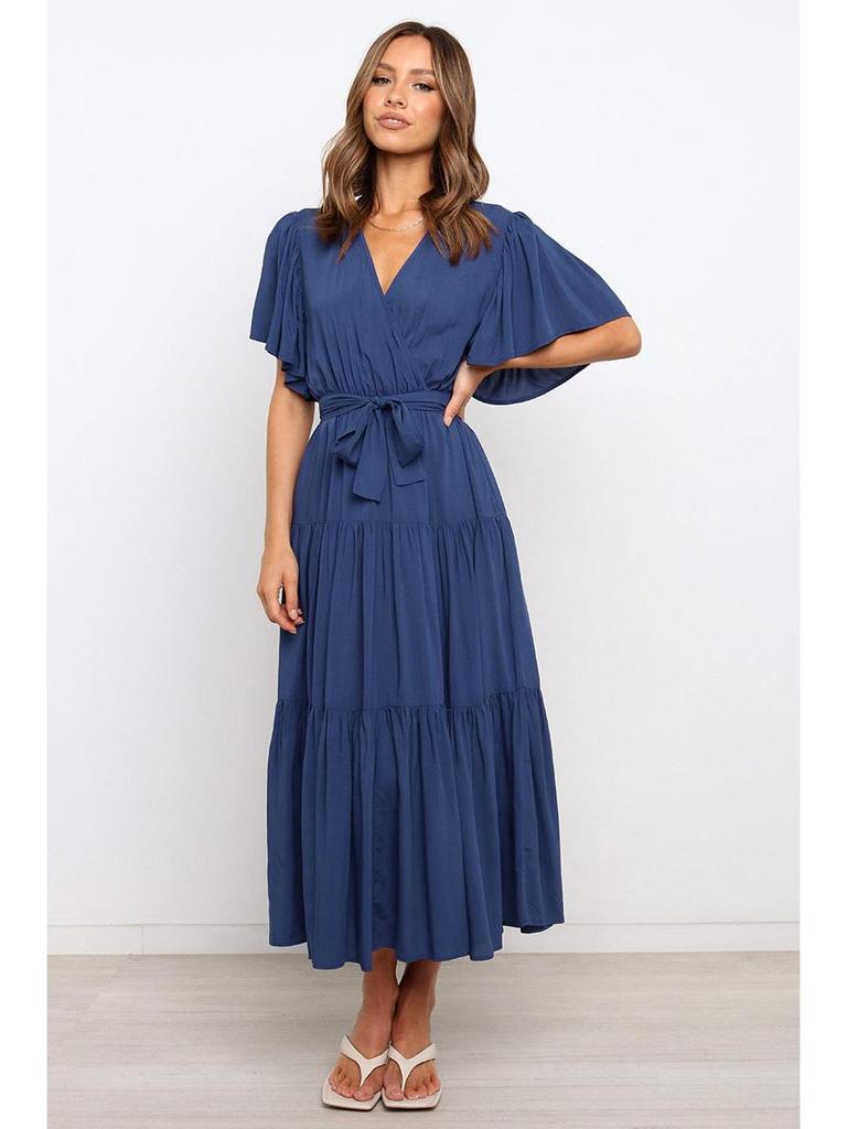 Богемное платье с V-образным вырезом, принтом, короткими рукавами и приталенным силуэтом, длинное, в наличии