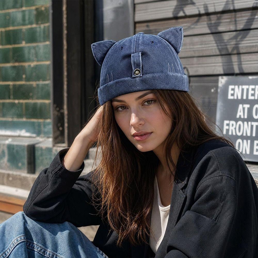 Sun protection Cat Ears Brimless Hat Water Washed Sun Hats Cute Beanie Hat