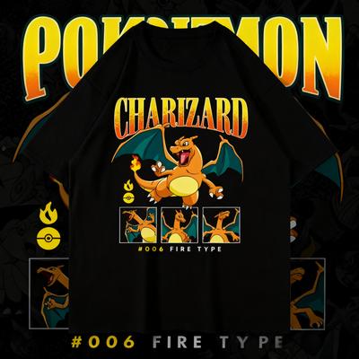 Лето 2025 Poksammon Анимация Бренд 100% Хлопок Charizard Печатная Футболка для Мужчин и Детей Харадзюку Повседневная Короткий Рукав