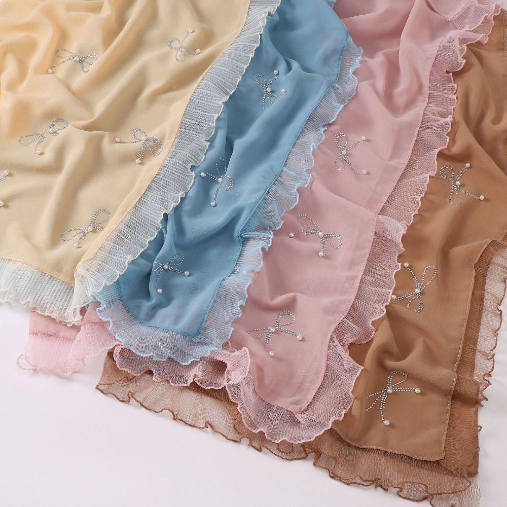 Lace Bow Muslim Hijab Bubble Chiffon Hui Ethnic Scarf Casual Muslim Shawls Woman