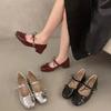 Fashion New Red Mary Jane Women Pumps Thick High Heels Shoes Female Lolita Square Toe Shoes Spring Fashionable Party Leather Woman Shoes