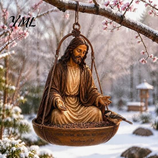 Memorial Garden Bird Feeder Blessing Figure Feeder, Resin Decorative Outdoor Durable Dish Hanging for Finches Chickadees Backyard Wild Birds Station