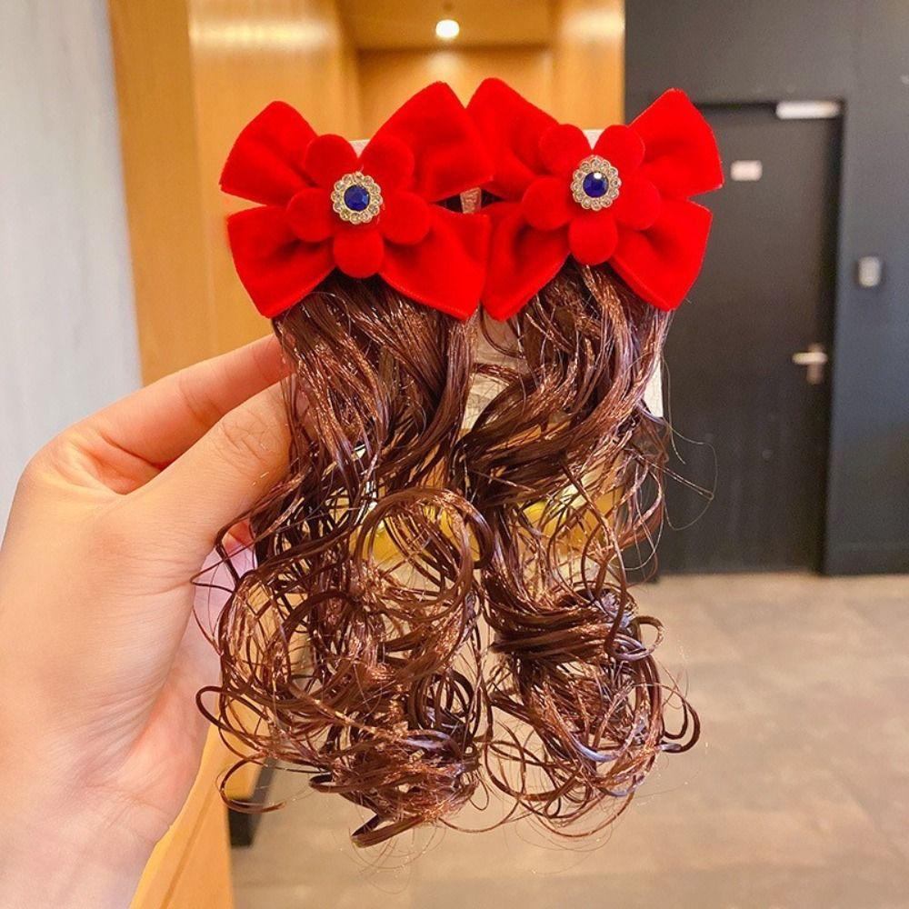 2 шт., детский парик в китайском стиле, заколка для волос, детский головной убор, красный бант, заколка для волос, новогодняя праздничная