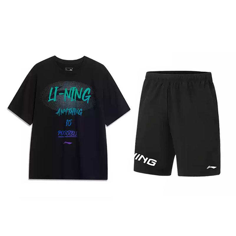 Li-Ning Loose And Comfortable College Style Short Sleeve And Elastic Five-Point Pants Casual Sports Suit Unisex Suit Black AHSU803-2+YKSV113-1