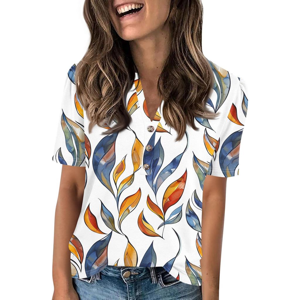 Женский модный повседневный свитер с коротким рукавом и принтом на пуговицах и V-образным вырезом