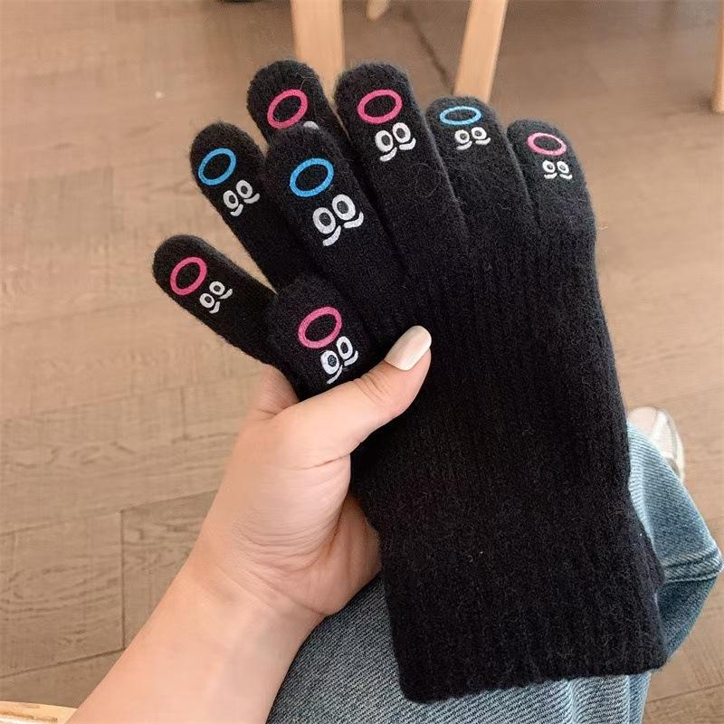 Autumn and Winter Warm Knitted Gloves for Students Cycling Creative Funny Five-finger Expression Full-finger Gloves