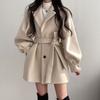 Women's Hong Kong Style Autumn and Winter Clothes Vintage Suits, Collar Ties, Waist Cinching, Balloon Sleeves, Small Woolen Jacket