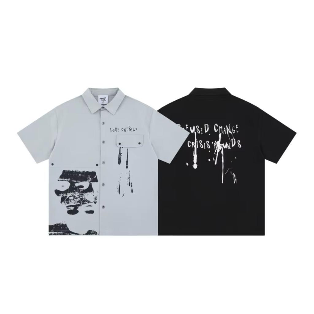 STREETRICH Summer New American Retro Dark Cartoon Printed Men's Anti Wrinkle Shirt Street Graffiti Vintage Loose Short Sleeve Shirt