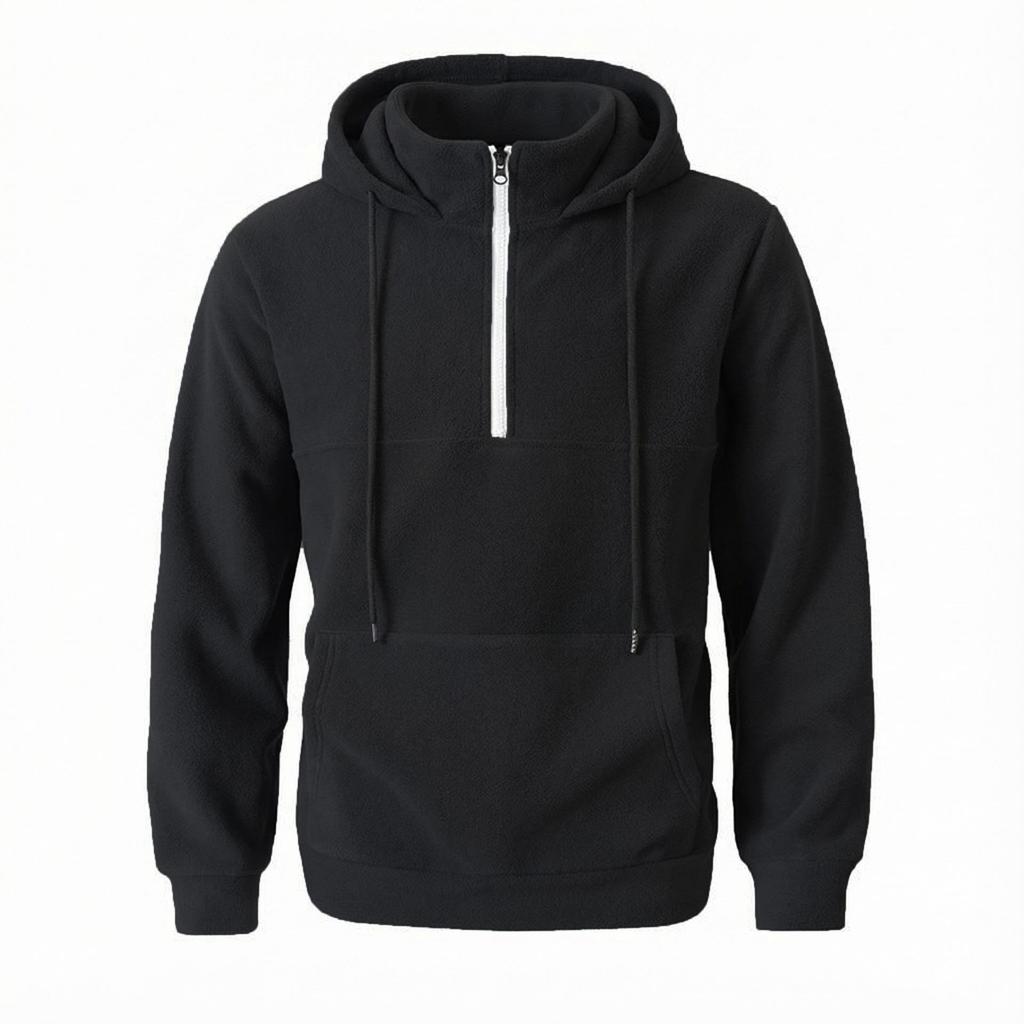 Men's Thick Hooded Sweatshirt, Stand Collar Half-Zip, Long Sleeve, Autumn/Winter, European Size, Casual Style.