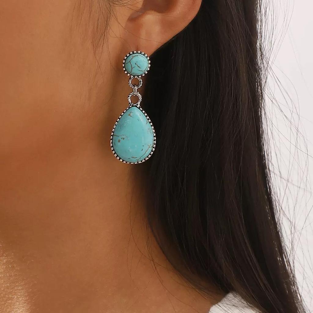 Ethnic Style Ancient Silver Turquoise Earrings, Creative Drop-shaped Turquoise Exaggerated Earrings