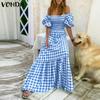 Summer Women's Plaid Off Shoulder Pleated Party Long Dress Elegant Checked Tunic Ruffled Hem Loose Plus Size