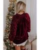 Azura Exchange Red Dahlia Sequin Patchwork Sleeve Button Up Velvet Top