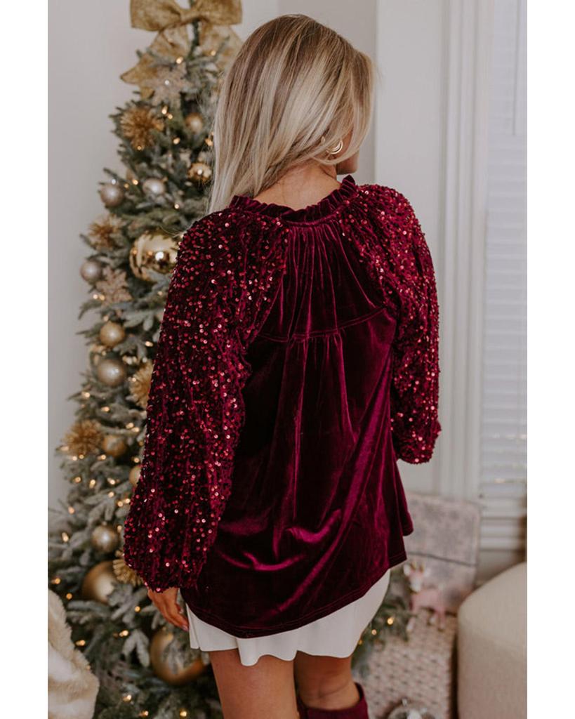 Azura Exchange Red Dahlia Sequin Patchwork Sleeve Button Up Velvet Top