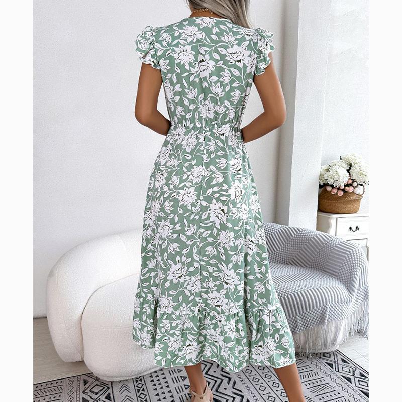 Весенне-летнее длинное платье с цветочным принтом, женское праздничное элегантное платье с высокой талией, женское элегантное платье с v-образным вырезом, тонкие винтажные платья, женская одежда 24329