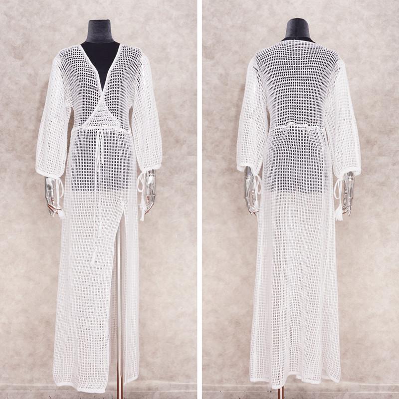 Sexy See Through Long Sleeve Mesh Bikini Cover-ups White Tunic Women Beachwear Bathing Suit Cover Up Summer Beach Dress D12