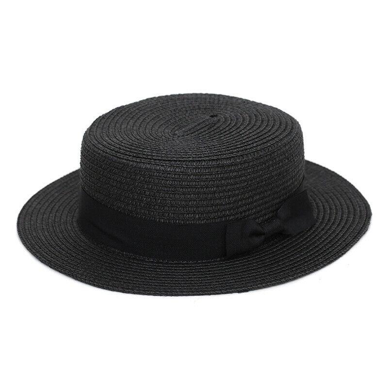 Round Flat Caps Women Large Brim Straw Bowler Boater Sun Hat Ladies Summer Beach Travel Solid Sunhat