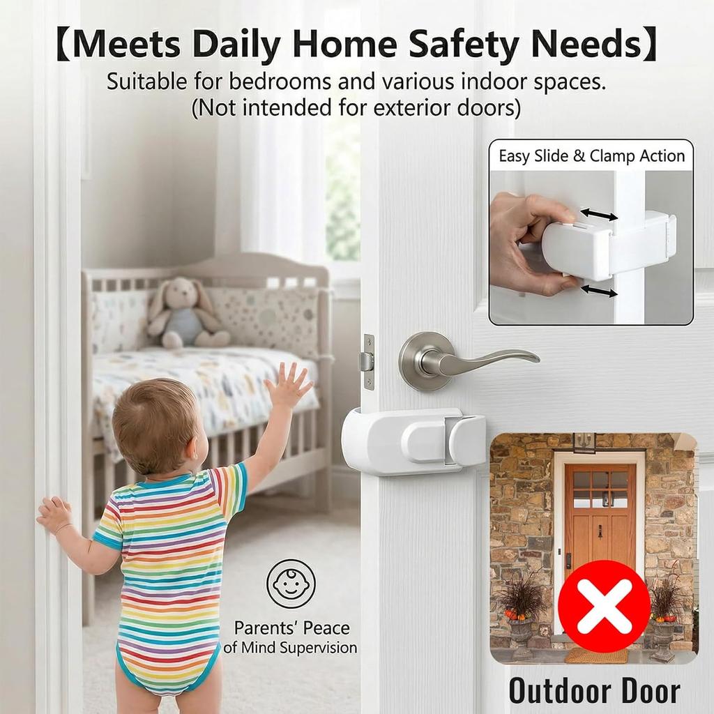 Childproof Safety Lock For Interior Doors Kids Can't Reach or Defeat No Installation Tools Required, Works with Door Knob, Lever or Handle