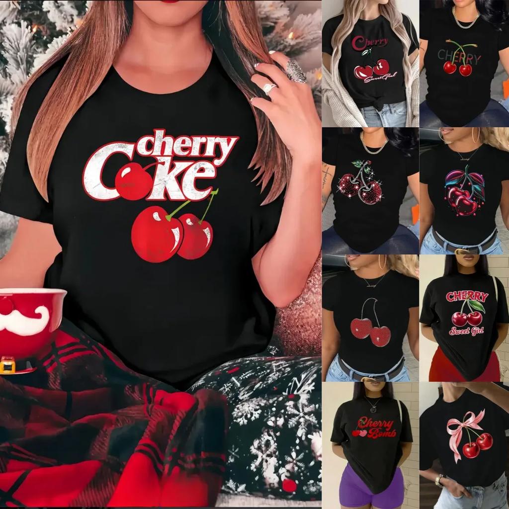 Summer Round Neck 3D Cherry Print Top Fashionable Casual Short Sleeved Women's T-shirts
