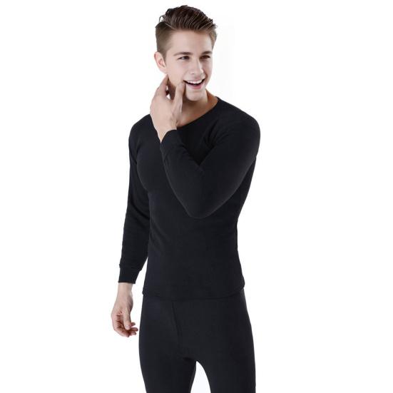 2Pcs/Set Men Warm Suit O-Neck Long Sleeve Tops Elastic Waist Long Pants Set Solid Color Plush Lining Pajamas Set