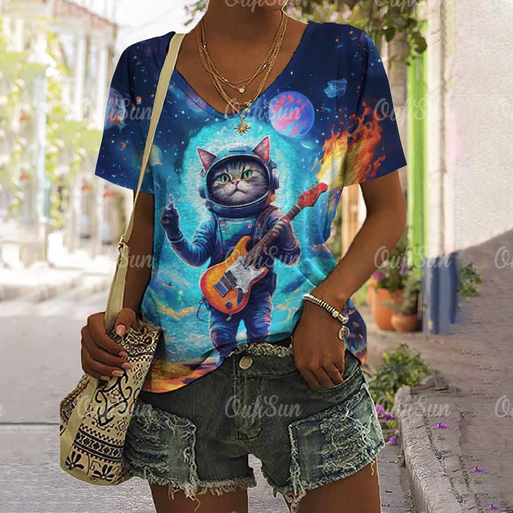 2024 New Women T-Shirt Rockin' Cat Print Top Plus Size Summer Women's Trending Clothing Fashion Short Sleeve Shirt Crew Tee