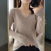 Women Sweater V-Neck Long Sleeve Solid Color Knit Tops Regular Fit Elastic