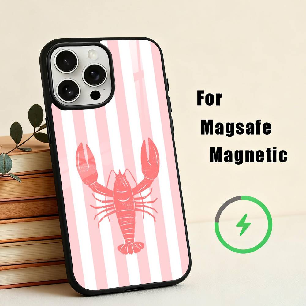 L-Lobster On S-Stripes Ocean Phone Case For iPhone17,16,15,14,13,12,11 Plus,Pro Max Magnetic For Magsafe Wireless Charging