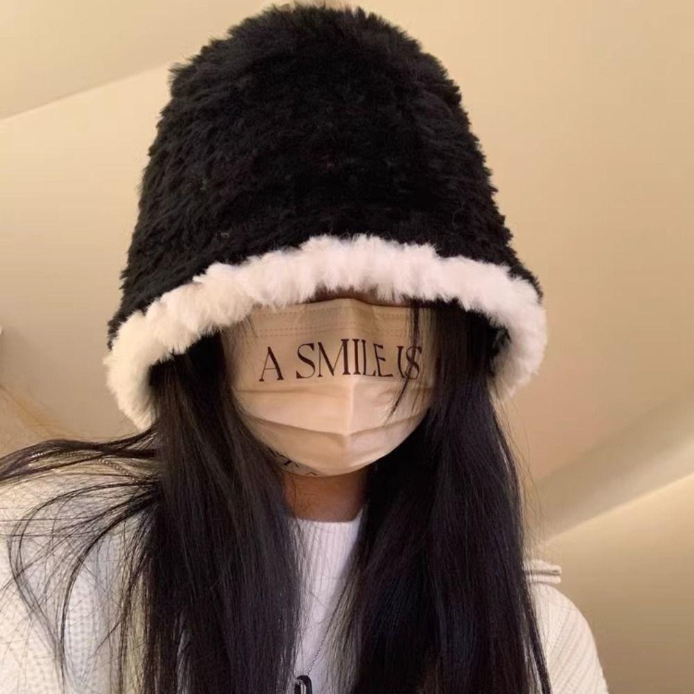 Warm Girls Bucket Hat Windproof Lamb Fleece Basin Cap Fashion Faux Fur Bucket Hat  Women