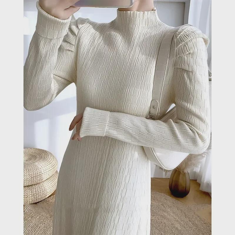 2024 A/W High Waist Knit Sweater Dress with High Neck and A-Line Skirt