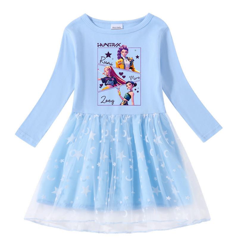 Девочки Kpop Мира Зои Руми Охотники Принт Дышащее Сетчатое Платье