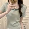 Contrast Color U-neck Front Shoulder Short-sleeved T-shirt for Women Summer New Pure Cotton T-shirt Slim Small Short Top