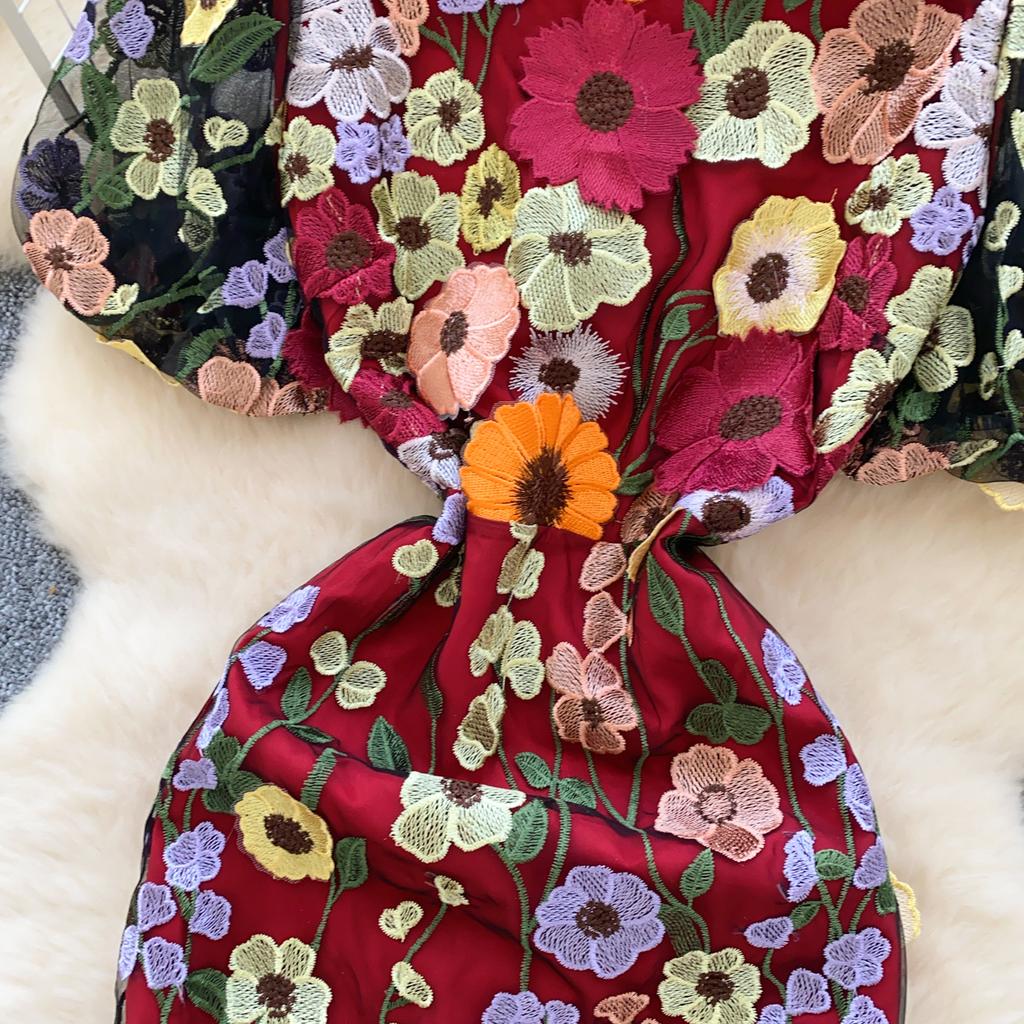 Элегантное цветочное вышитое О-образное платье в стиле винтаж с коротким рукавом и фонариком, шикарное облегающее платье-русалка, французская вечерняя женская одежда для улицы