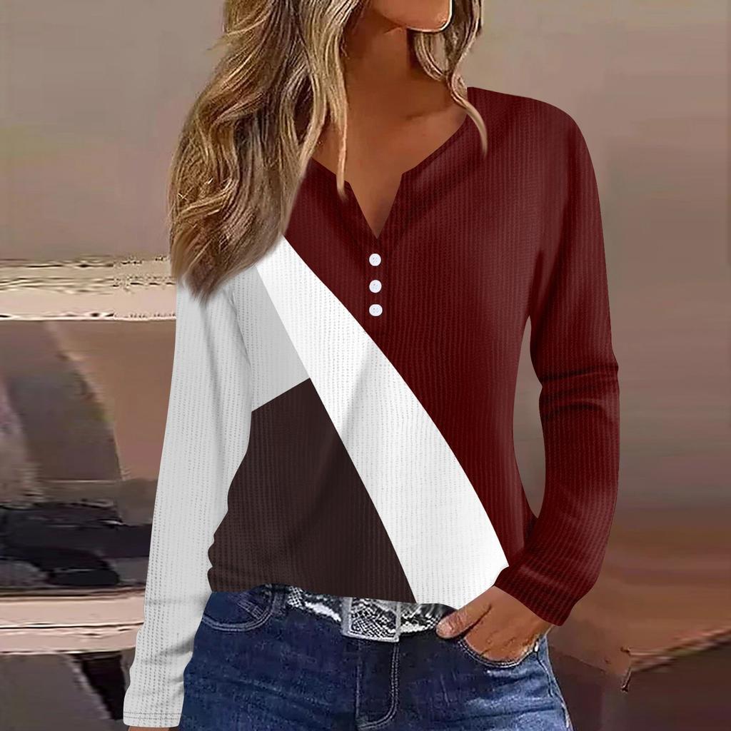 Женская футболка с принтом на пуговицах, длинный рукав, вязаный свитер, повседневный, модный, на выходные, базовый, с V-образным вырезом, обычный топ