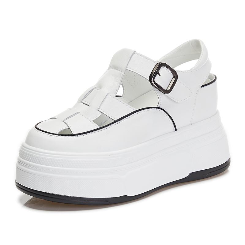 Модные 7 см Полые Дышащие Сандалии из Натуральной Кожи Лето 2024 Женская Повседневная Обувь Платформа Клиновидная Массивная Обувь Кроссовки Обувь Балетки Досуг