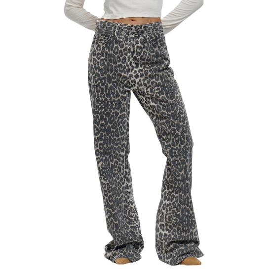 Женские широкие джинсы с высокой талией и пуговицами на молнии, длинные брюки с леопардовым принтом, свободные длинные брюки, карманы, дизайн, повседневные брюки