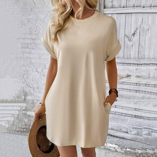 Женское платье с круглым вырезом, короткими рукавами, боковыми карманами, свободное однотонное платье длиной выше колена, рукав «летучая мышь»