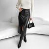 Autumn Winter Retro Skirt Faux Leather High Waist Skirt with Side Slits Solid Color Windproof Midi Skirt