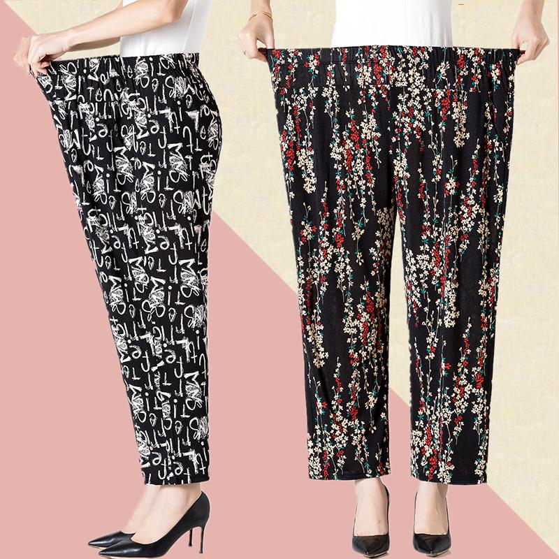 XL-8XL женские брюки летние брюки для пожилых людей свободные девятые брюки прямые брюки мамины брюки с цветочным принтом брюки для толстой бабушки
