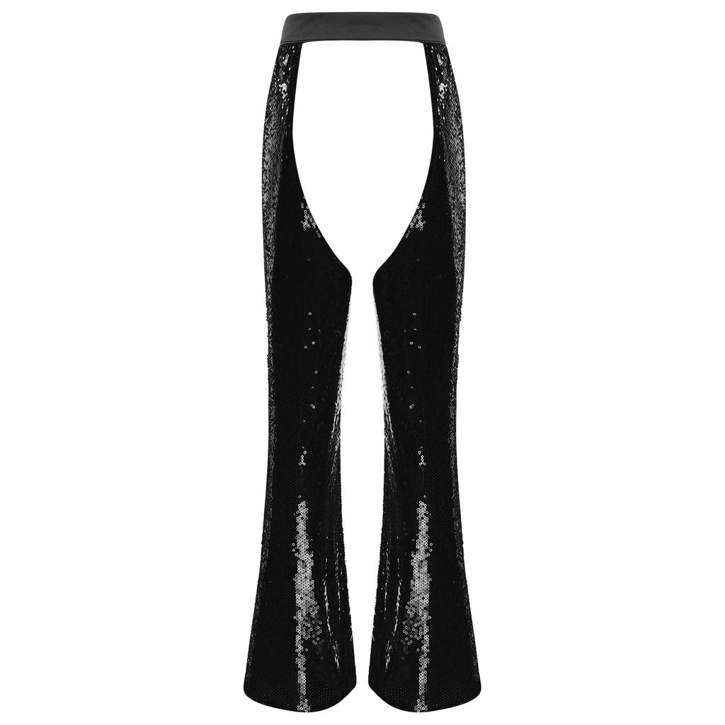 Womens Halloween Glitter Sequin Cowgirl Chaps Adjustable Waist Crotch Hollow Out Fully Lined Flared Pants
