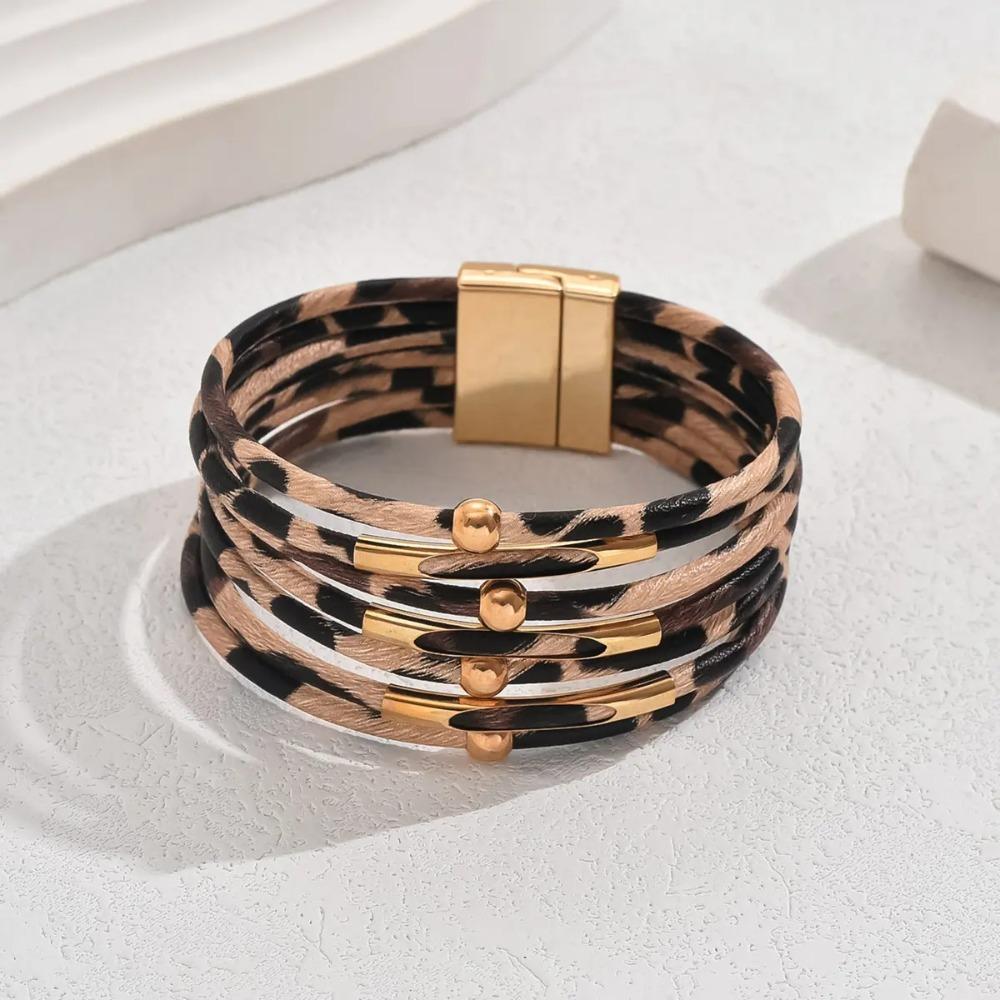 Шарм Леопард Кожаные Браслеты Богемный Стиль Магнитный Браслет Винтажные Многослойные Браслеты Женские