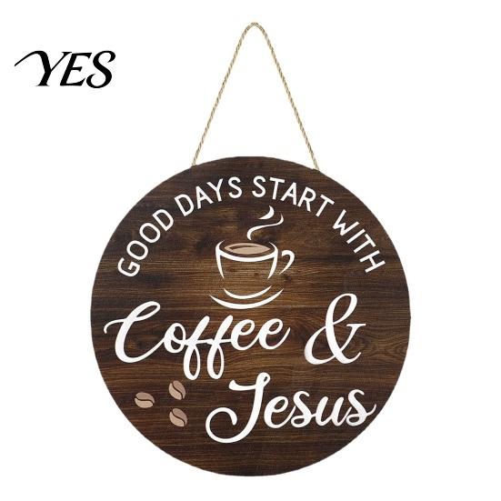 Coffee Station Decorations for Home Wooden Bar Signs, Rustic Themed Hanging Sign, Cup Handcrafted Wood Sign Shape & Round Plaque Farmhouse Kitchen