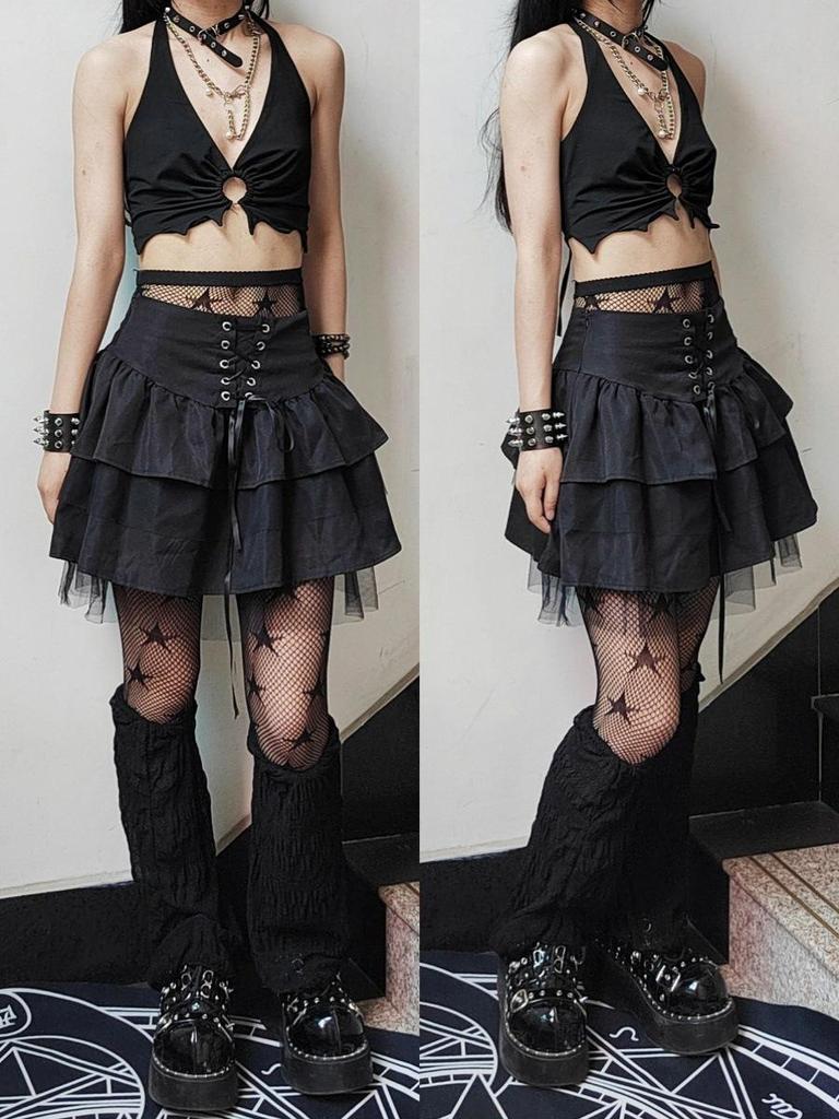 Пышная юбка-торт: Женская мини-юбка с высокой талией в стиле Y2K, на шнуровке, облегающая (Тьма) Европейский и американский стиль